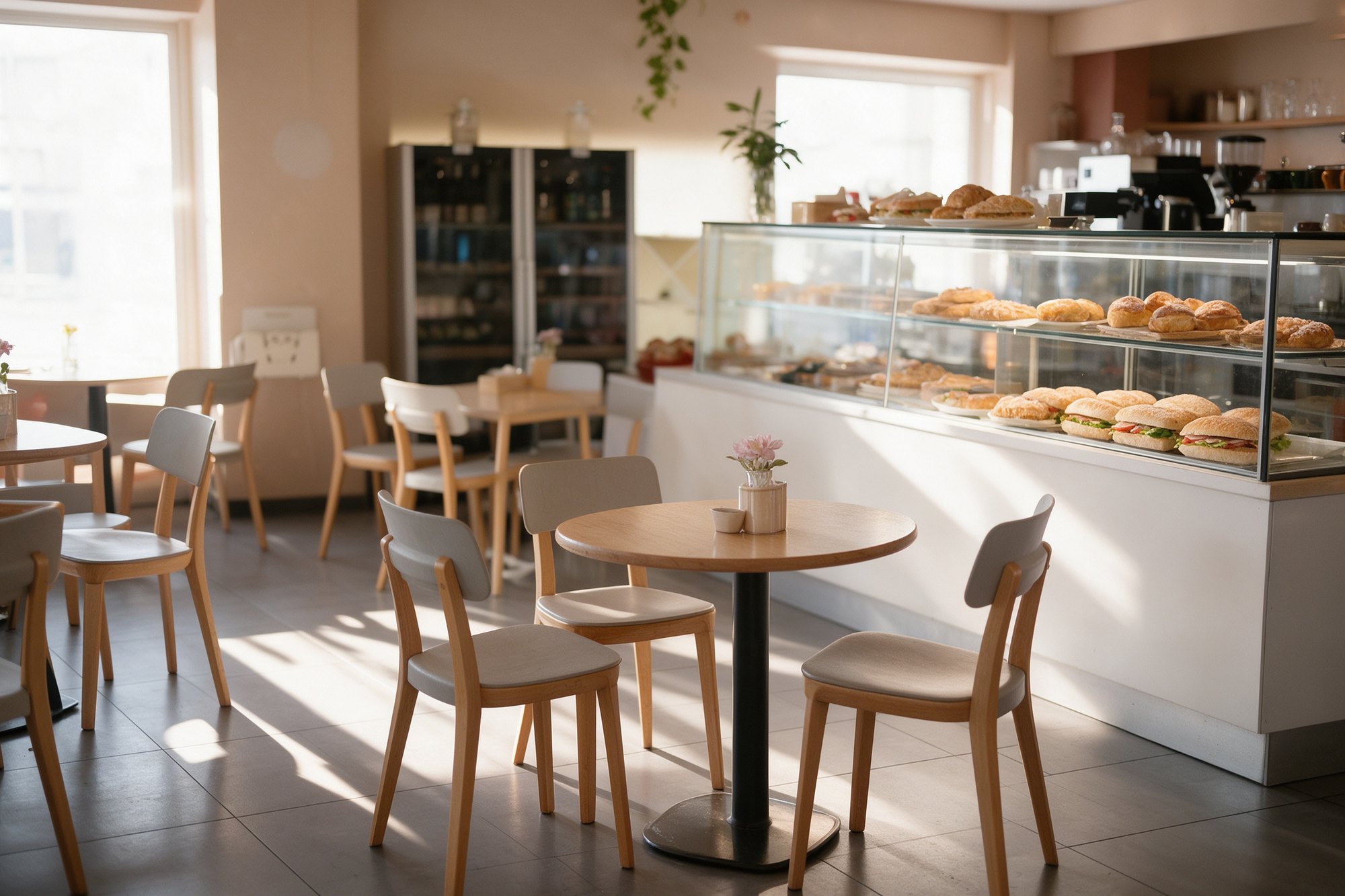 Cafetería moderna y luminosa con mostrador de pastas en Cómpeta