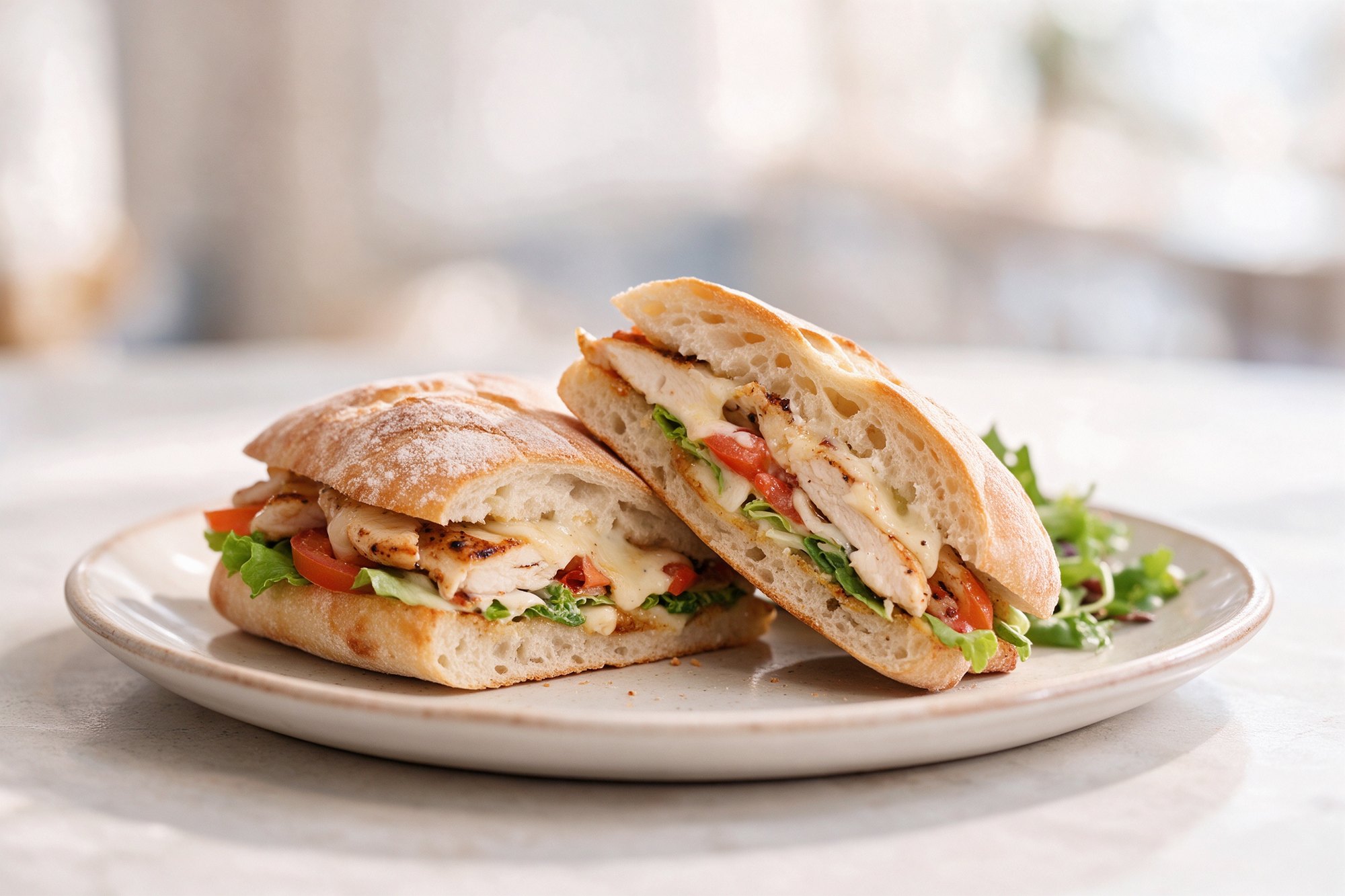 Bocadillo gourmet de pollo a la parrilla con ensalada