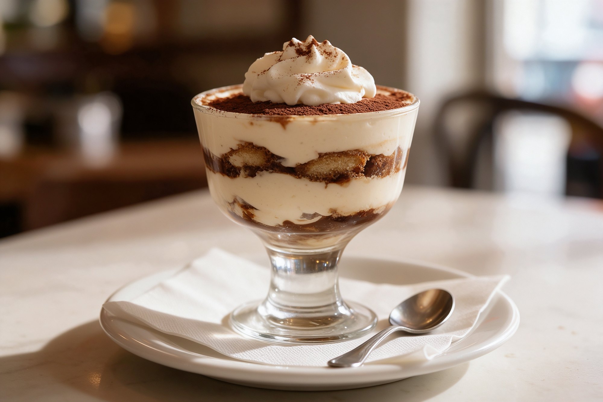 Tiramisú casero en copa espolvoreado de cacao
