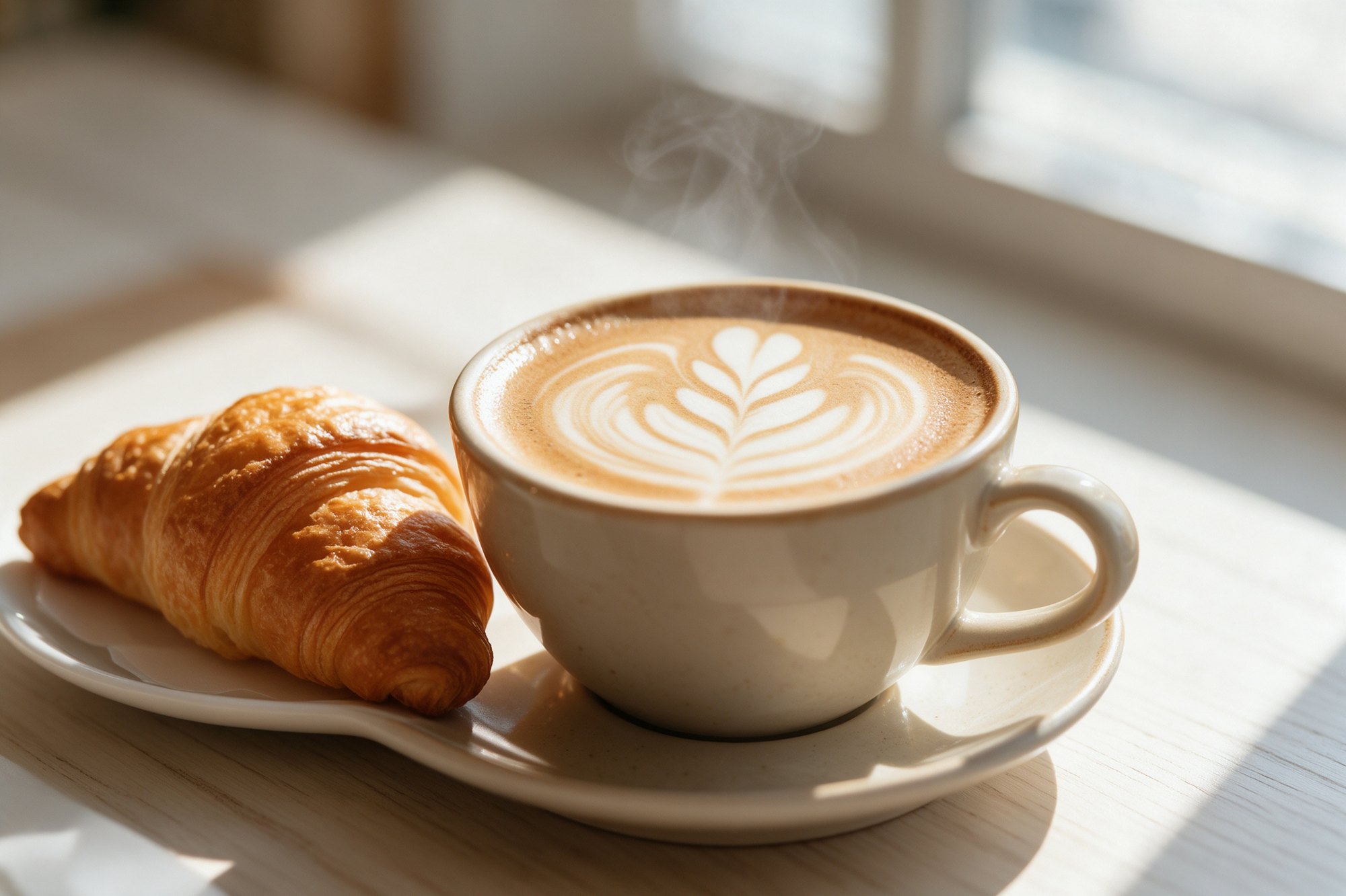 Capuccino con latte art y croissant de mantequilla