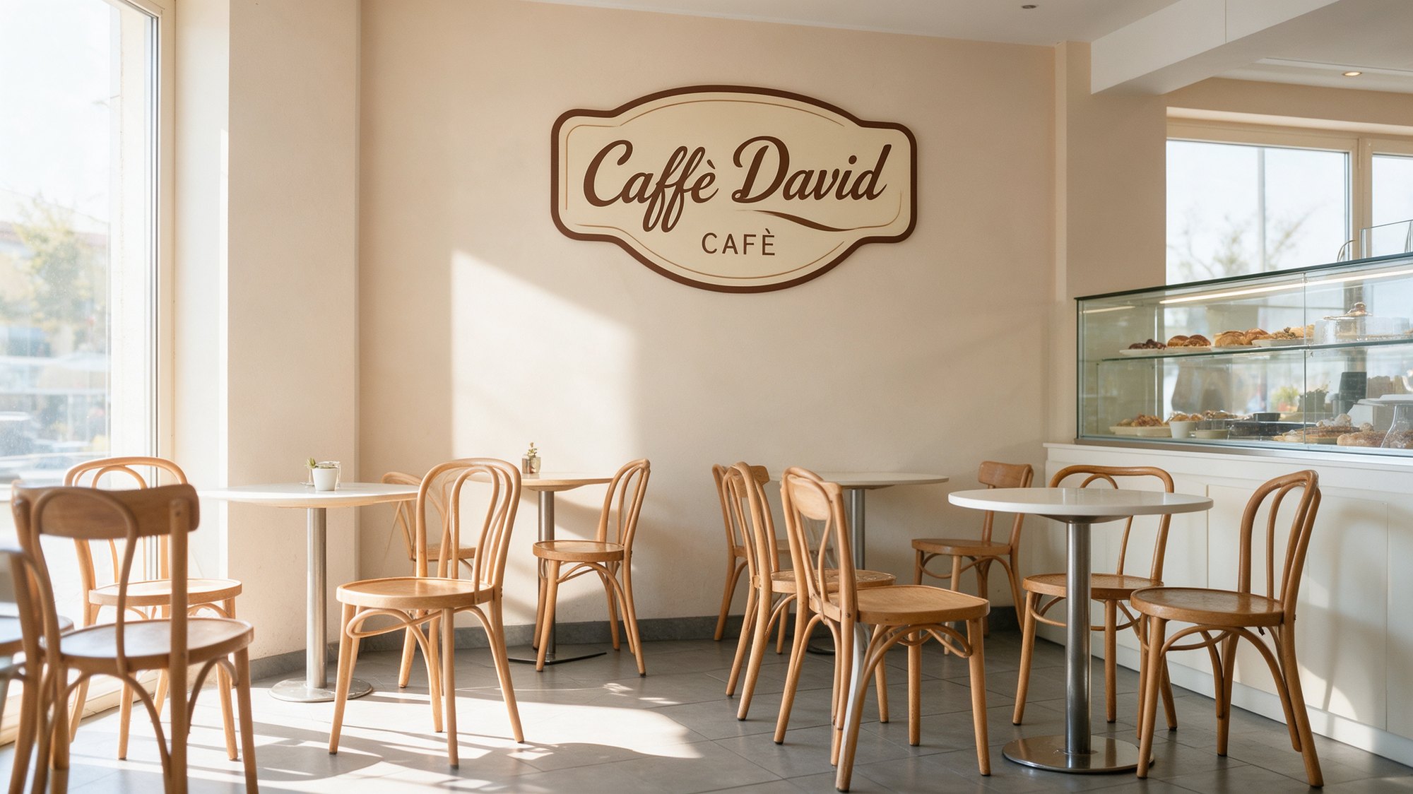 Interior luminoso del Caffè David con su placa en la pared en Cómpeta